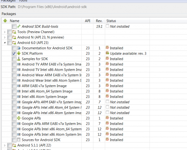 Android SDK manager showing which API parts we’ve installed