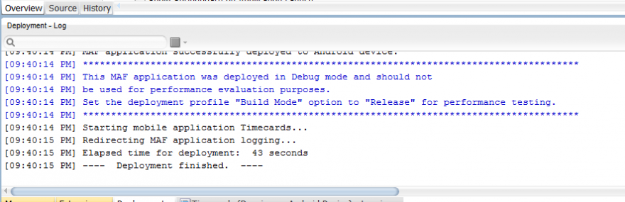 Within 43 seconds our Custom Timecards app was deployed to our device